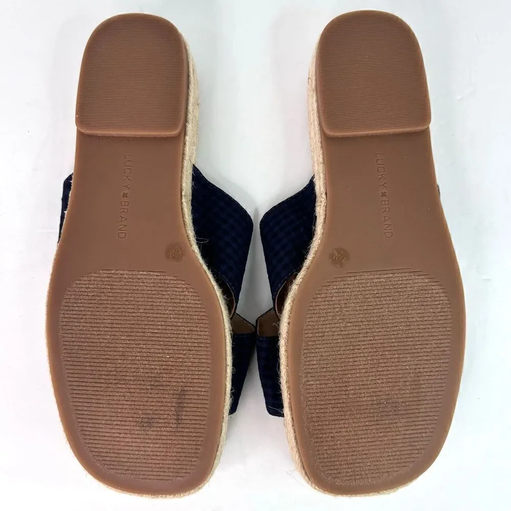 NWOB! Lucky Brand Gayte Espadrilles Slides Slip On Check Blue Sandals Sz 7.5